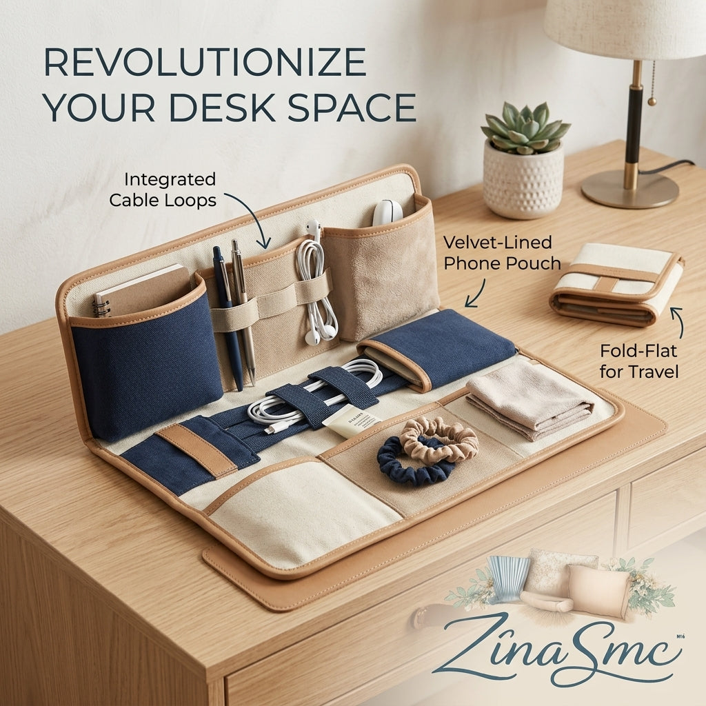 ZinaSmc™ Smart Organiser Clutch – Desk-to-Go Portable Storage Bag, Padded Multi-Compartment Tech & Makeup Organizer, Canvas Travel Pouch for Gadgets