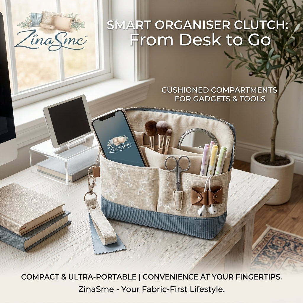 ZinaSmc™ Smart Organiser Clutch – Desk-to-Go Portable Storage Bag, Padded Multi-Compartment Tech & Makeup Organizer, Canvas Travel Pouch for Gadgets, Stationery & Daily Essentials