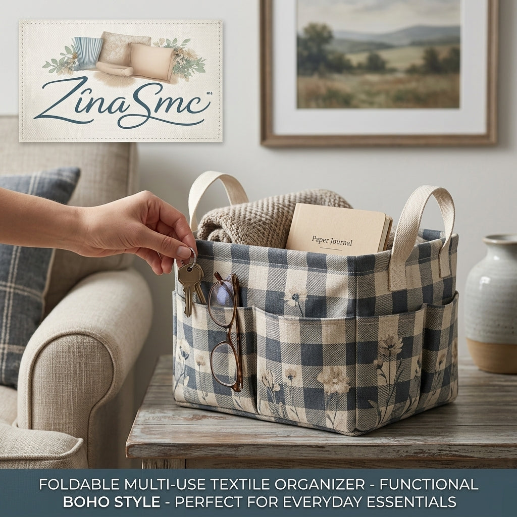 ZinaSmc™ Foldable Boho Fabric Storage Basket – Multi-Pocket Plaid Organizer for Keys, Glasses, Journals & Desktop Essentials – Stylish Decorative Bin for Living Room, Nursery, or Office