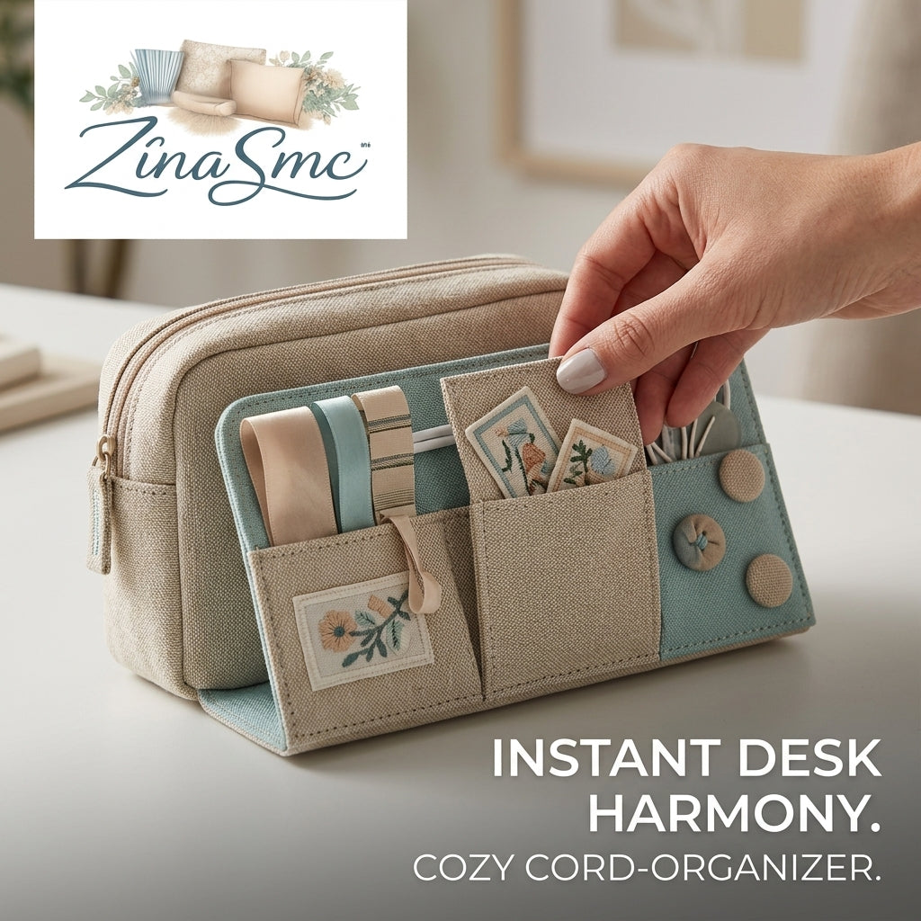 ZinaSmc™ Aesthetic Desk Organizer & Cord Management Pouch – Linen Fabric Travel Storage Case for Cables, Sewing Supplies & Office Essentials