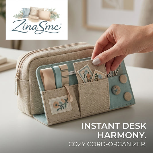 ZinaSmc™ Aesthetic Desk Organizer & Cord Management Pouch – Linen Fabric Travel Storage Case for Cables, Sewing Supplies & Office Essentials
