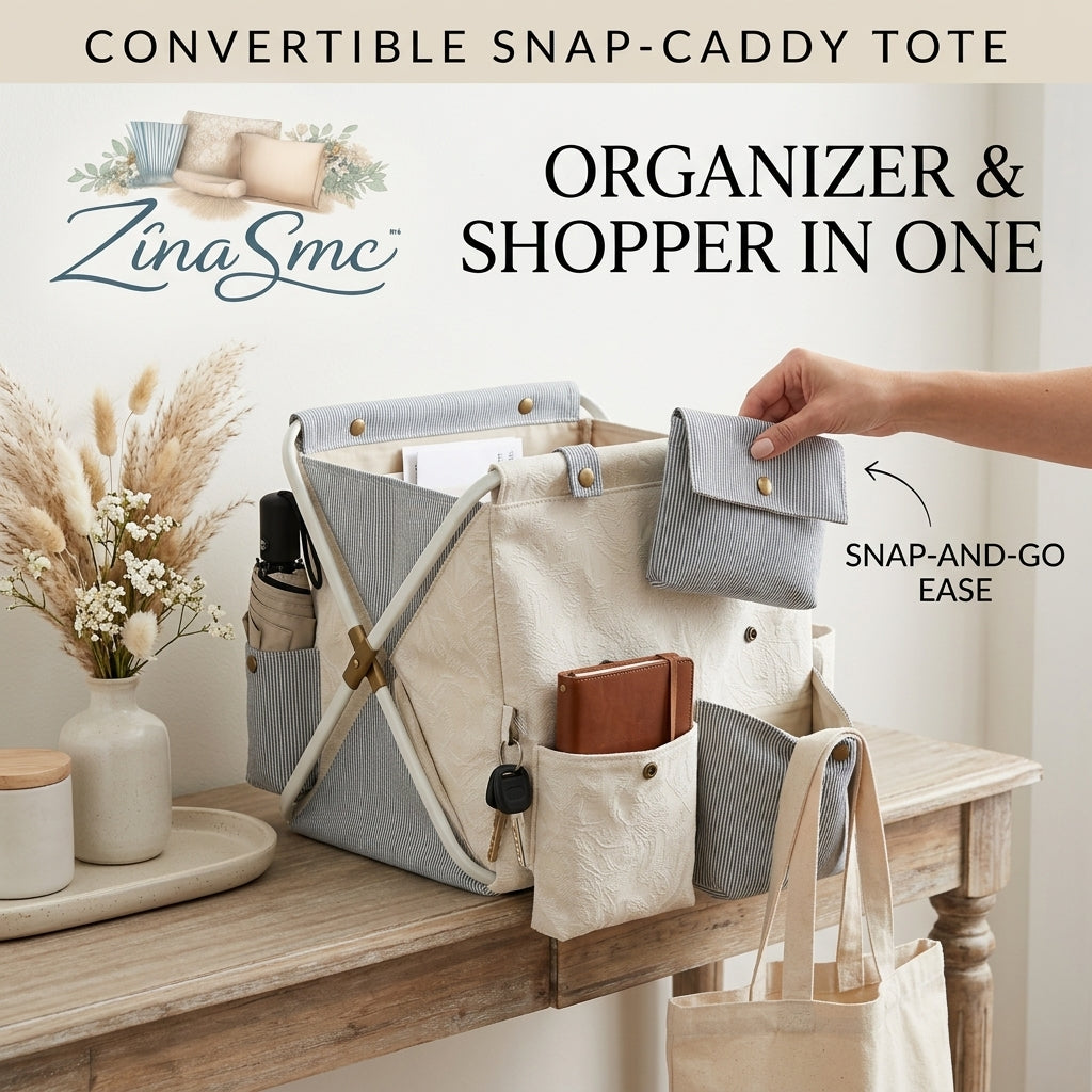 ZinaSmc™ Convertible Snap-Caddy Tote | Multifunctional Organizer & Shopper Bag | Detachable Storage Pouch | Foldable Desk, Car & Office Storage
