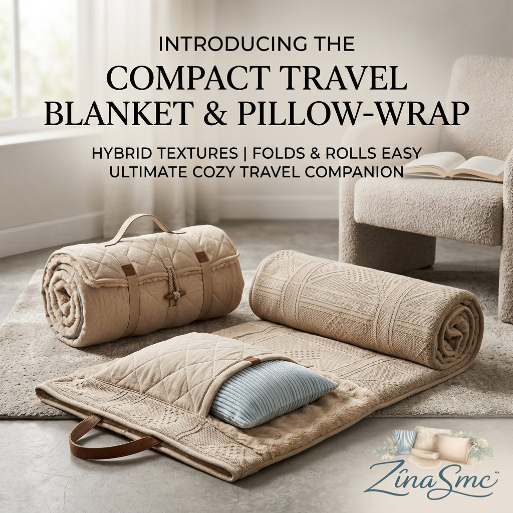 ZinaSmc™ 2-in-1 Compact Travel Blanket & Pillow-Wrap | Portable Luxury Throw with Carry Handle | Cozy Hybrid-Texture Comfort for Airplanes, Road Trips & Camping