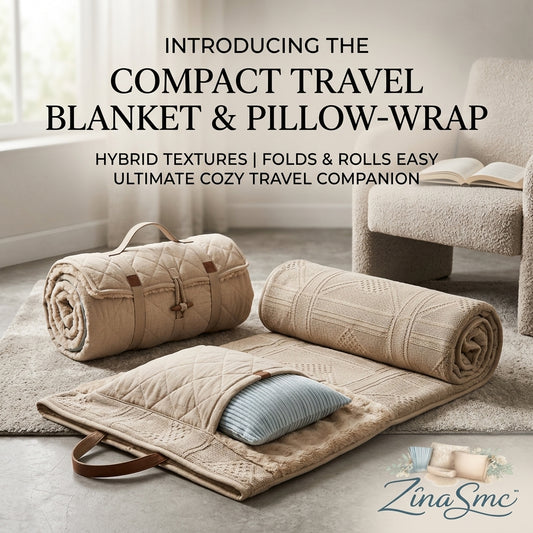 ZinaSmc™ 2-in-1 Compact Travel Blanket & Pillow-Wrap | Portable Luxury Throw with Carry Handle | Cozy Hybrid-Texture Comfort for Airplanes, Road Trips & Camping