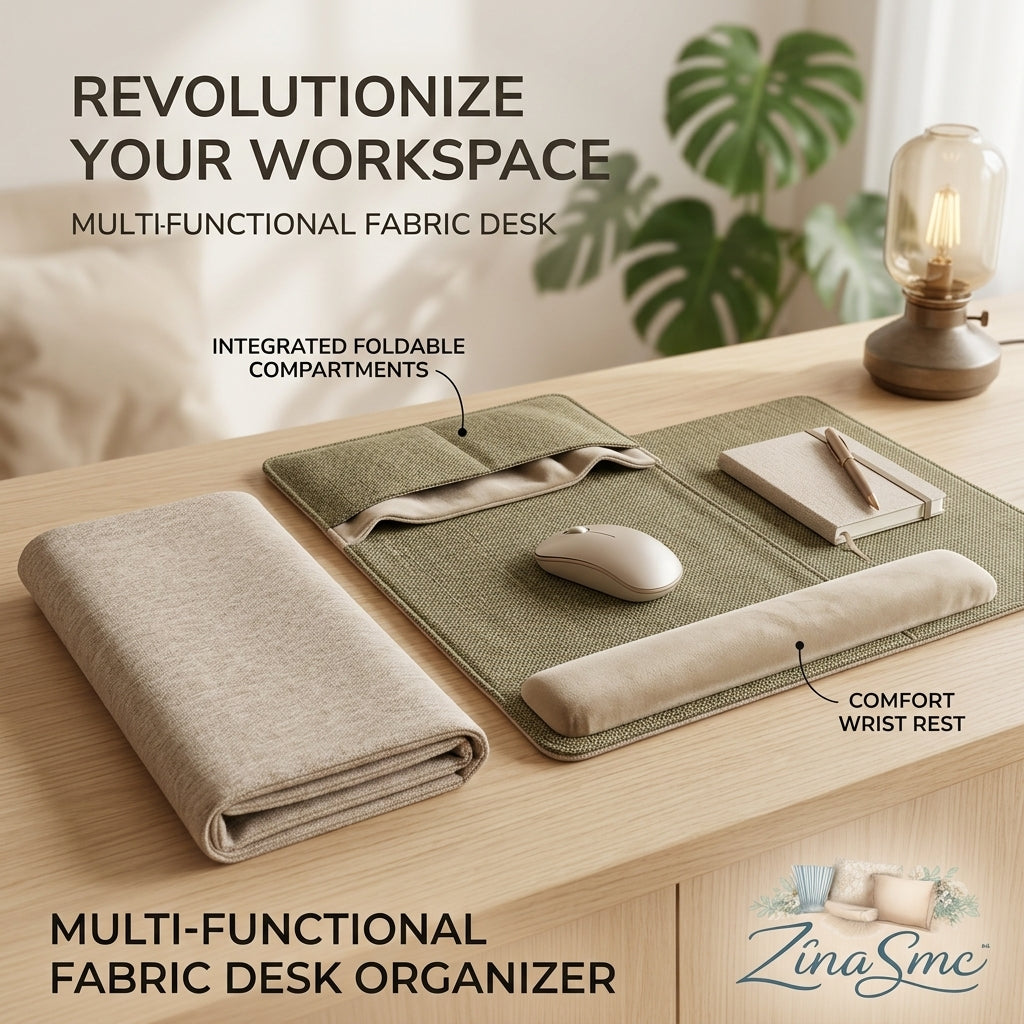 ZinaSmc™ All-in-One Desk Mat with Integrated Foldable Organizer & Comfort Wrist Rest – Ergonomic Soft Fabric Mouse Pad for Minimalist Workspace Setup